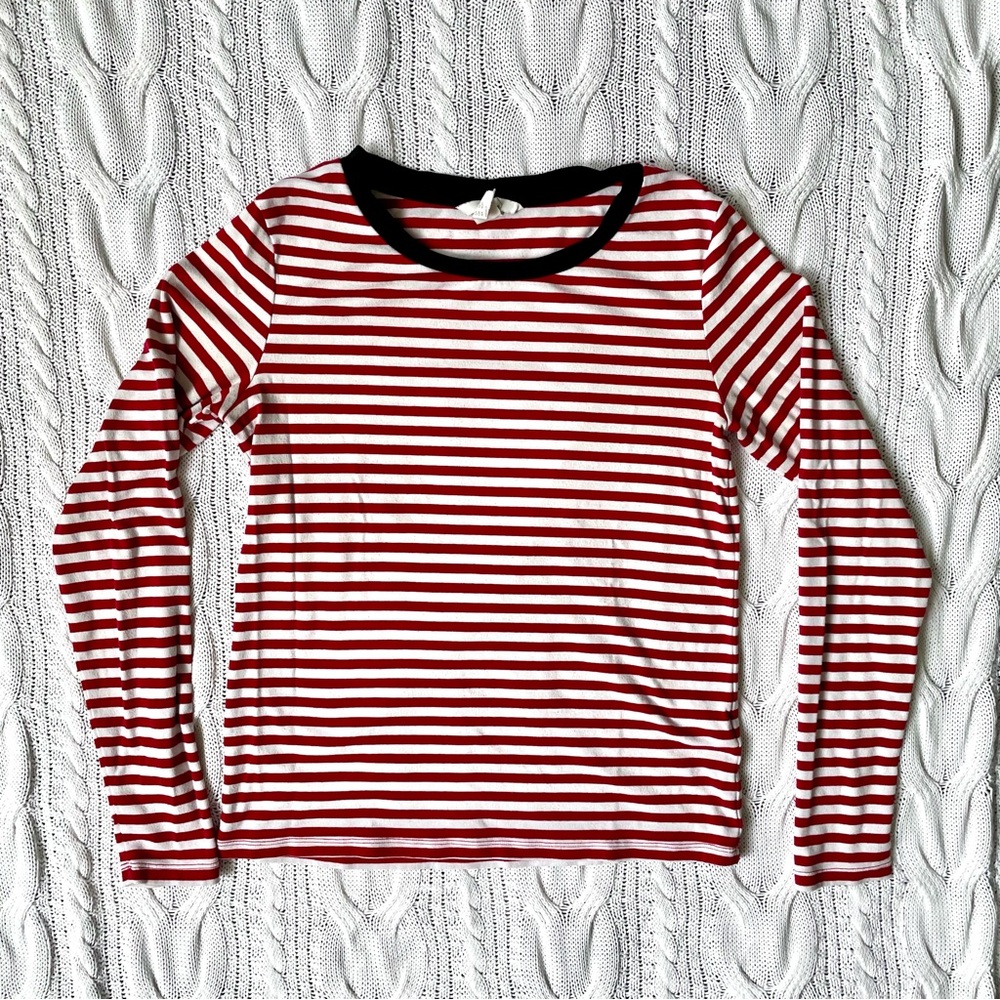 H&M Striped Long Sleeve Top Red White Cotton Blend XS Casual